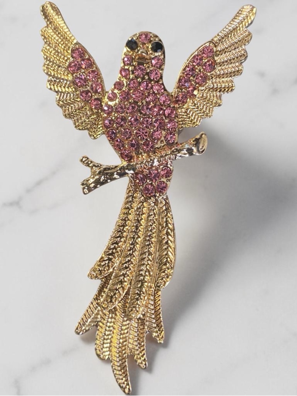 Gold-tone Pink Crystal Parrot Brooch